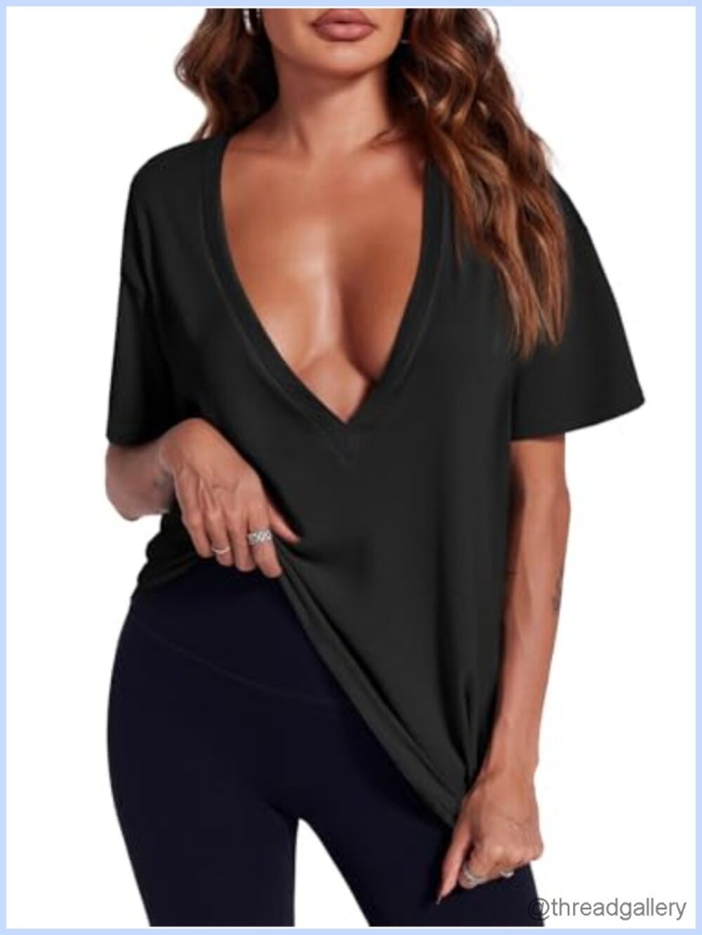Womens Deep V Neck T-Shirt Short Sleeve Loose Fit Summer Casual Top
